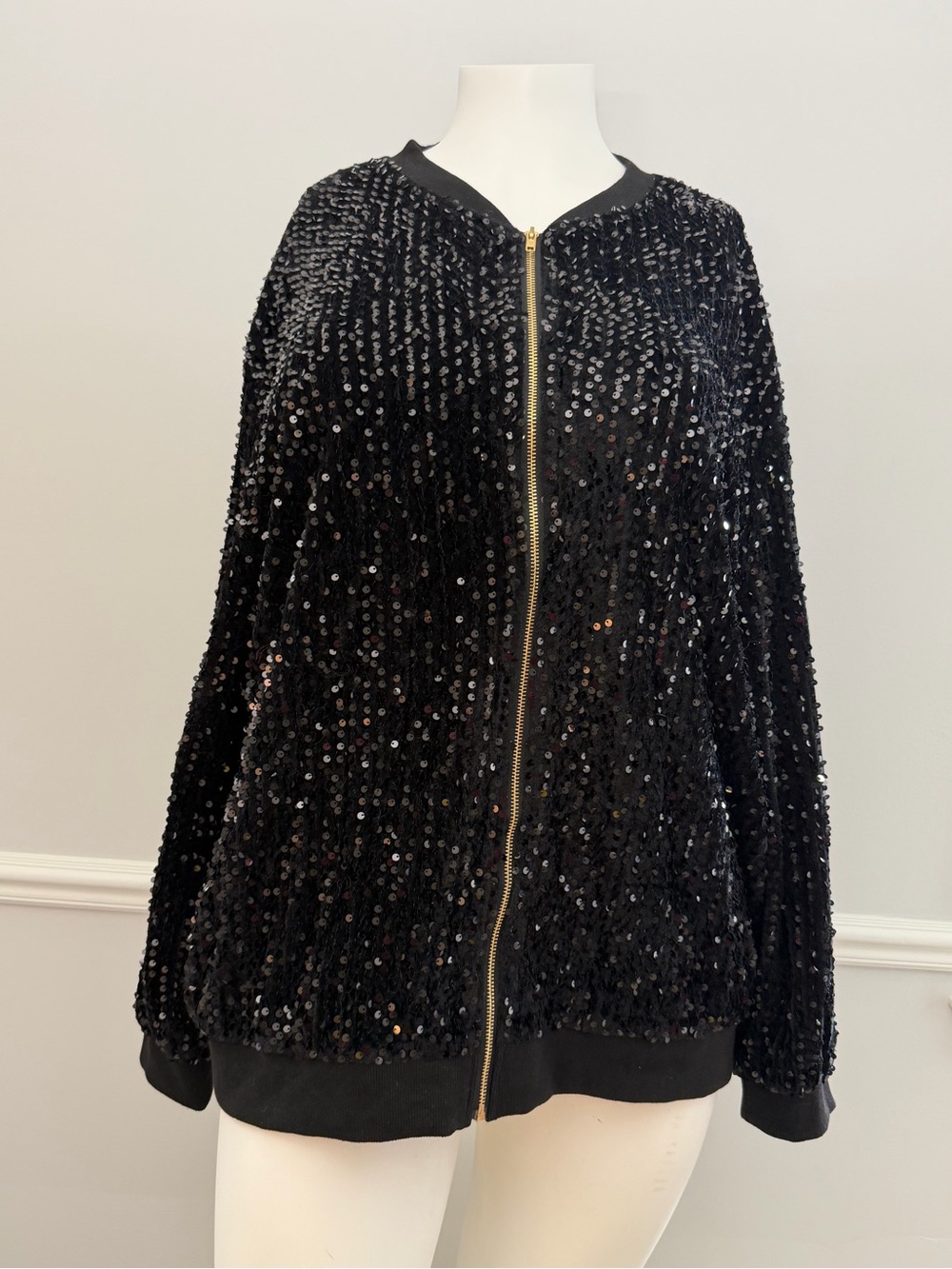 Black Sequin Zip-Front Jacket w/ Gold-Toned Zipper; 24W